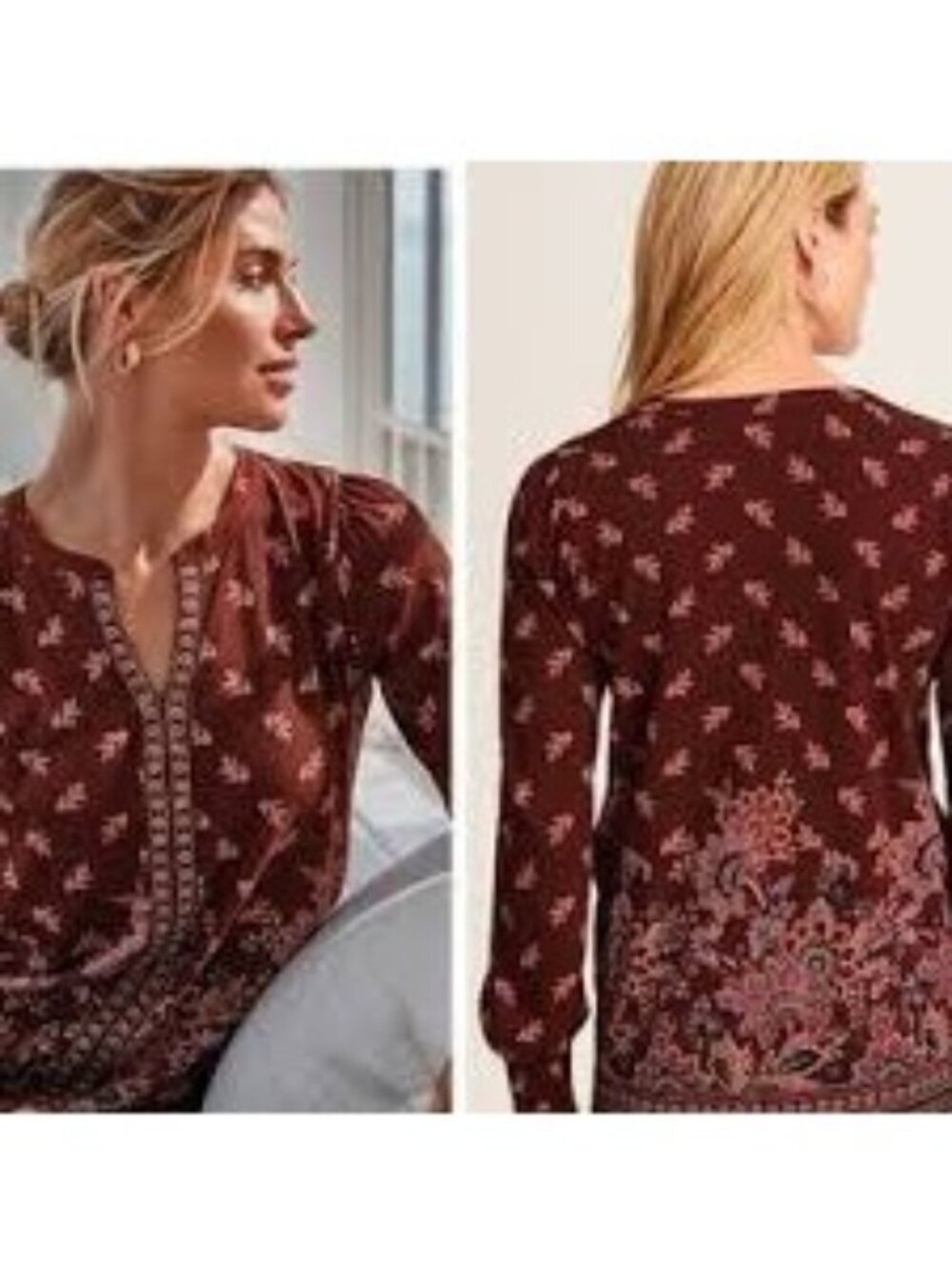 J. Jill Burnt Sienna Floral Smocked Sleeve Top XS Cotton Blend Bohemian Style